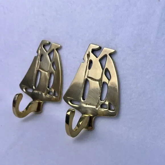 Vintage Brass Sailboat Wall Hooks Set of 2 Nautical Coastal Decor Gold - Picture 4 of 11